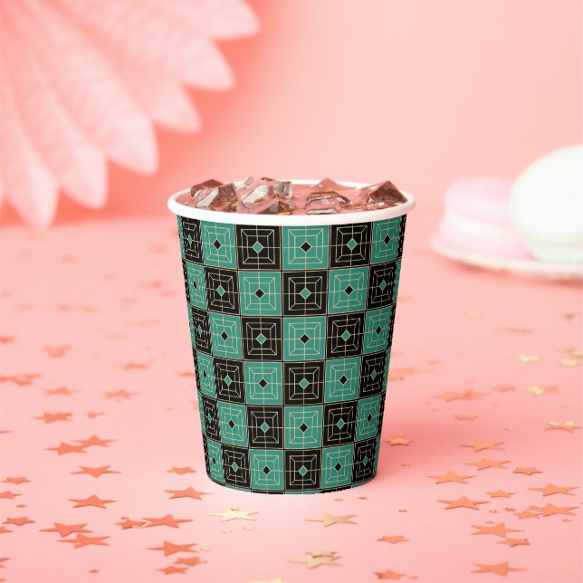 Art Deco Gold and Green Pattern Paper Cups (Insitu)