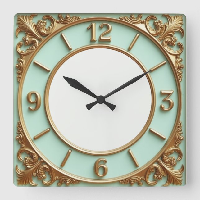 Art Deco Gold and Mint Square Wall Clock (Front)