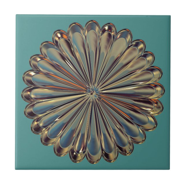 Art deco gold and teal flower medallion tile (Front)