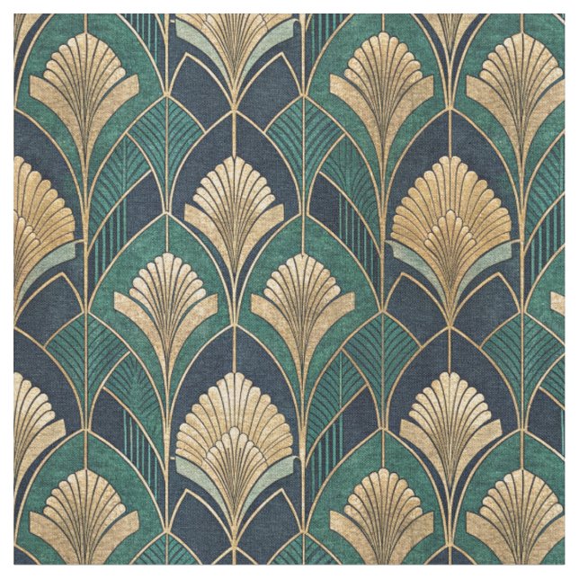 Art Deco Gold and Teal Geometric Abstract Pattern Fabric (Close Up)