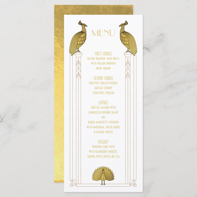 Art Deco Gold and White Peacock Wedding menu card (Front/Back)