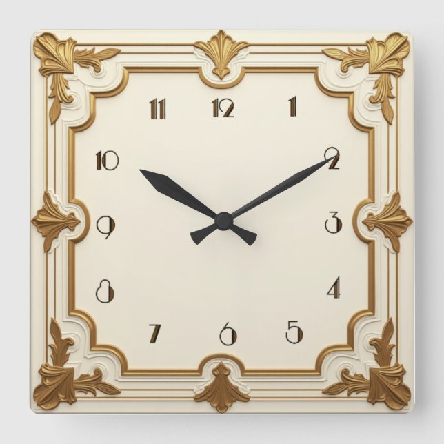 Art Deco Gold and White Square Wall Clock (Front)