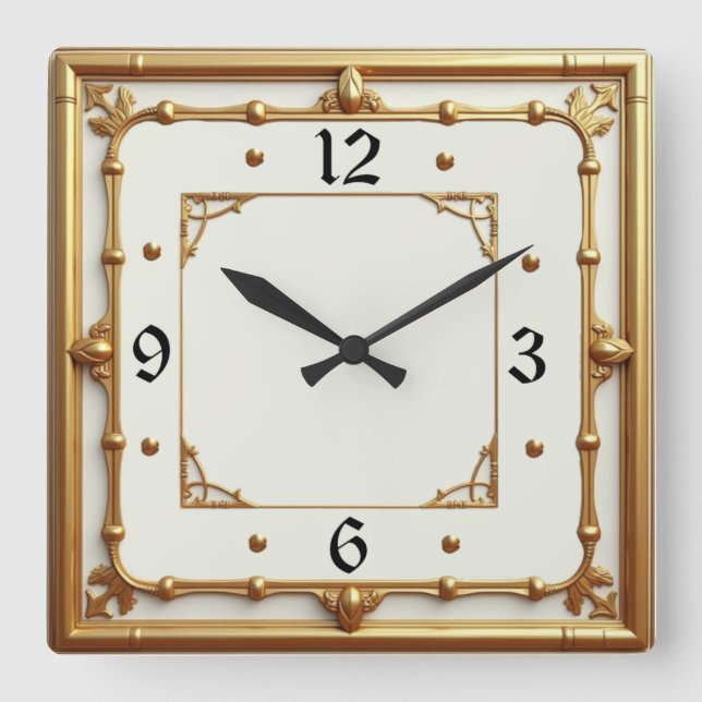 Art Deco Gold and White Square Wall Clock (Front)