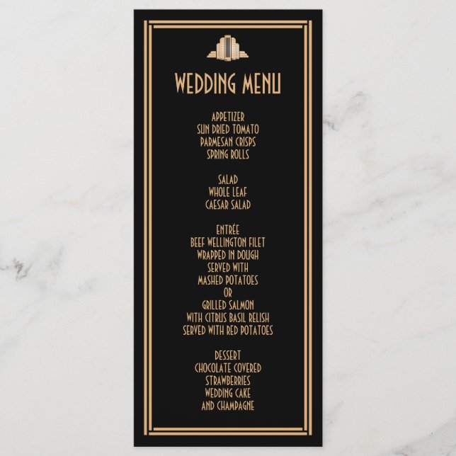 Art Deco Gold Black Great Gatsby Wedding Menu (Front)
