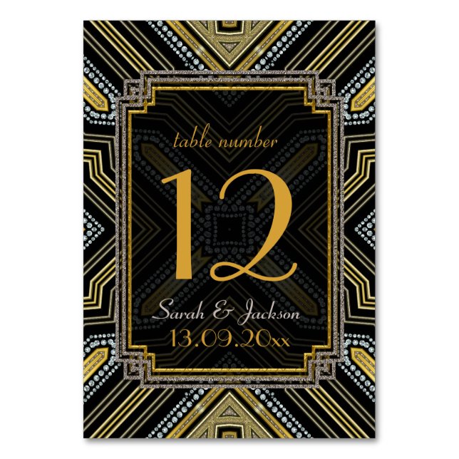 Art Deco Gold Black Guest Names Table Number (Front)