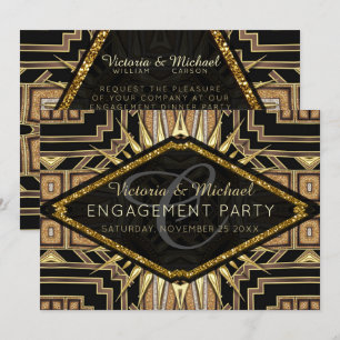 Art Deco Gold + Black Stylish Engagement Party Invitation