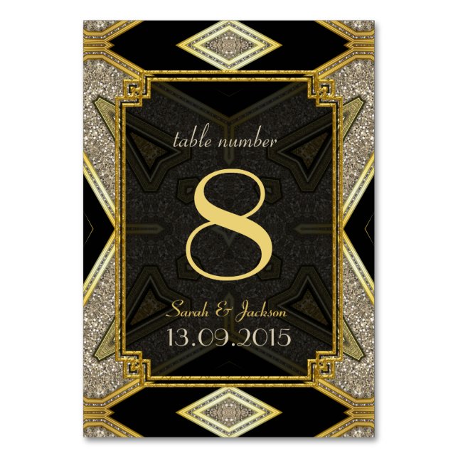 Art Deco Gold Black Wedding Table Number Card (Front)