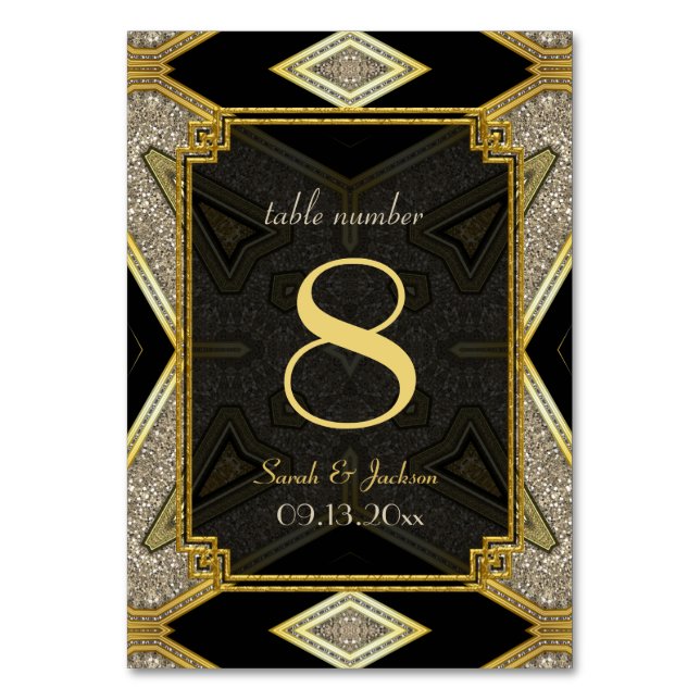 Art Deco Gold Black Wedding Table Number Card (Front)