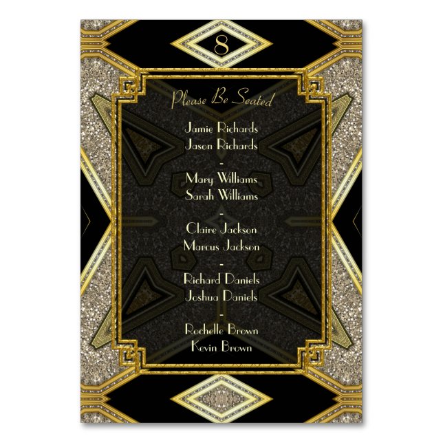Art Deco Gold Black Wedding Table Number & Names (Back)