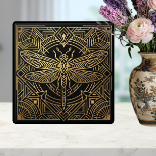 Art Deco Gold Dragonfly Black Geometric Design  Tile
