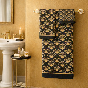 Art Deco Gold Fan Pattern Dark Brown Bath Towel Set
