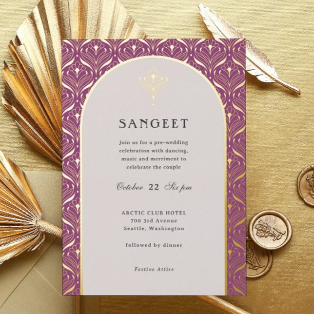 Art Deco Gold Floral Indian Wedding Sangeet (sangeet invitation, indian wedding invitation, hindu wedding invitation, art deco gold foil invite)