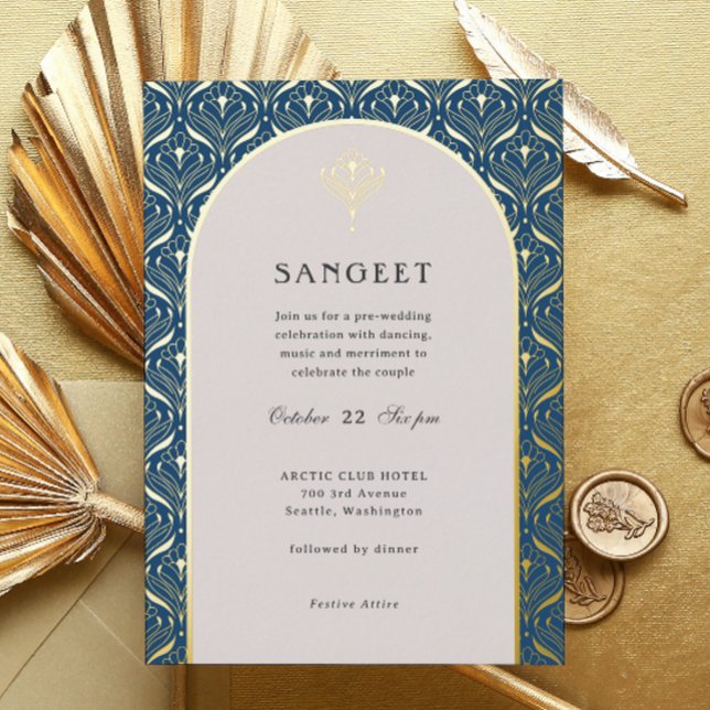 Art Deco Gold Floral Indian Wedding Sangeet (sangeet invitation, indian wedding invitation, hindu wedding invitation, art deco gold foil invite)