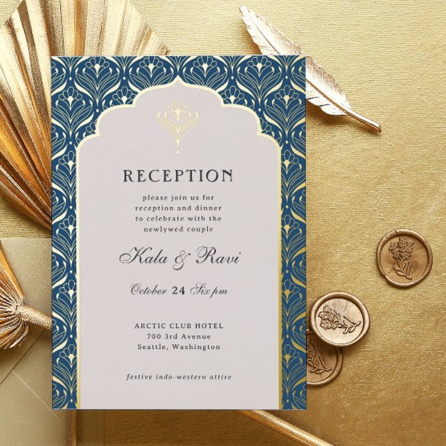 Art Deco Gold Floral Lotus Wedding Reception (art deco reception invitation, indian wedding invitation, hindu wedding invite, metallic gold foil)