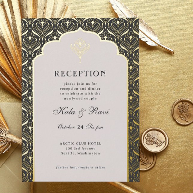 Art Deco Gold Floral Lotus Wedding Reception (art deco reception invitation, indian wedding invitation, hindu wedding invite, metallic gold foil)