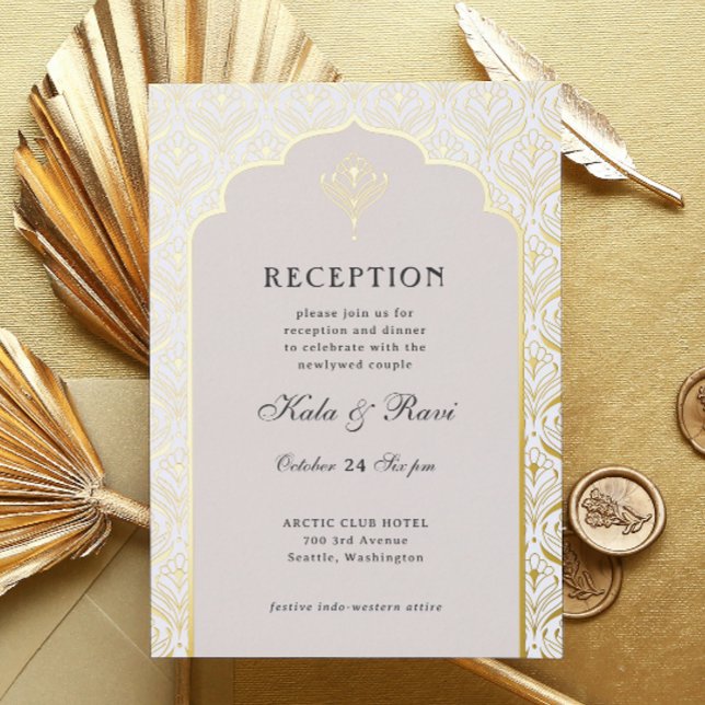 Art Deco Gold Floral Lotus Wedding Reception (art deco reception invitation, indian wedding invitation, hindu wedding invite, metallic gold foil)
