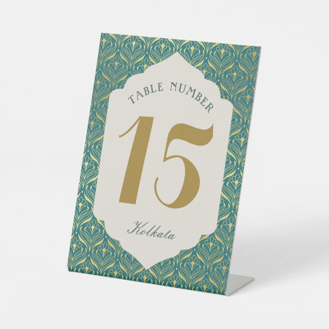 Art Deco Gold Floral Table Number and Name Pedestal Sign (Front)