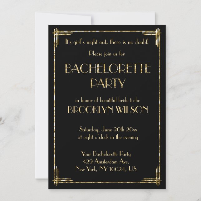 Art Deco Gold Foil Bachelorette Party Invites (Front)