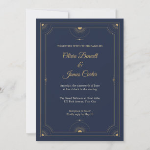 Art Deco Gold Frame Navy Wedding Invitation