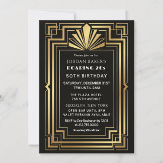 Art Deco Gold Frame Wedding Invitation Black