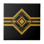 Art Deco Gold Geometric Border Black Tile<br><div class="desc">Crisp art deco style gold geometric detail ornament decorative border ceramic tile on a black background. Please note that gold is a mustard yellow flat colour print and is not an actual gold colour. Crisp and original design, perfect for modern or art deco vintage style interior.</div>