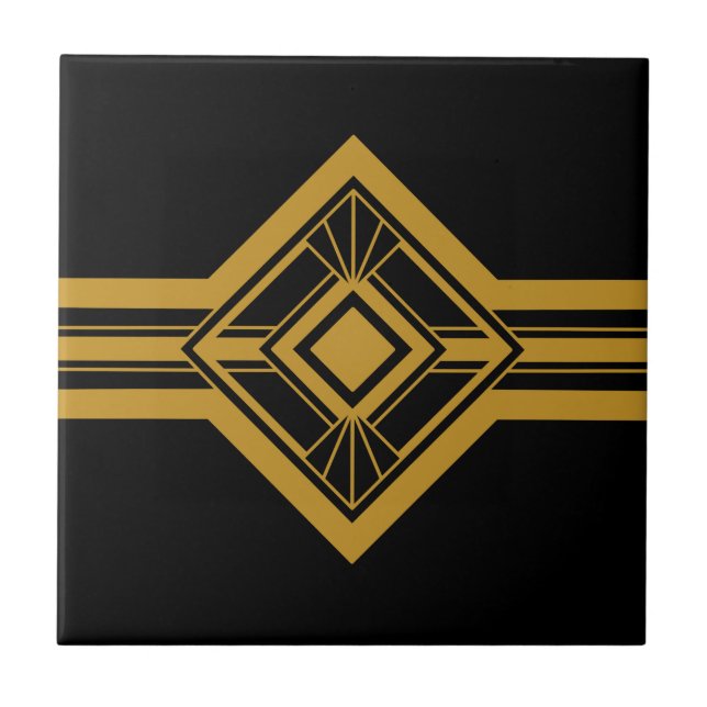 Art Deco Gold Geometric Border Black Tile (Front)