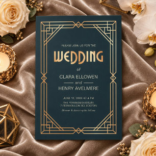 Art Deco Gold Geometric Navy Blue Wedding Invitation