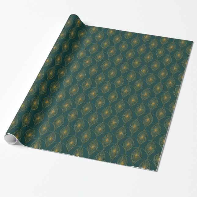 Art Deco Gold Glitter Geometric Pattern on Green Wrapping Paper (Unrolled)