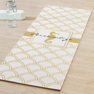 Art Deco Gold Glitter Seahorse Ocean Wave Pattern Yoga Mat