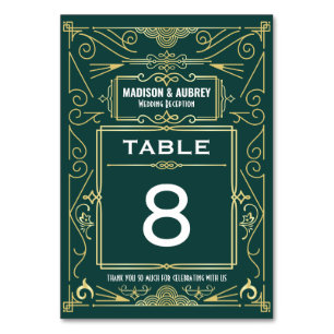 Art Deco Gold Green Gatsby 1920s Wedding Reception Table Number