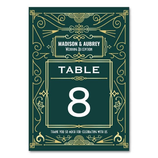 Art Deco Gold Green Gatsby 1920s Wedding Reception Table Number (Front)