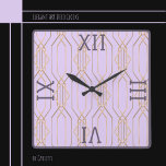 Art Deco Gold, Lavender & Plum Square Wall Clock<br><div class="desc">Elegant Art Deco Gold backed in Lavender with Dark Plum Roman Numeral Numbers and Trim.  Great for entry halls,  dining,  living areas and more.  Available in various colours.</div>