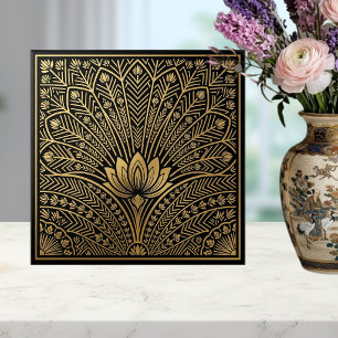 Art Deco Gold Lotus Black Geometric Pattern Tile