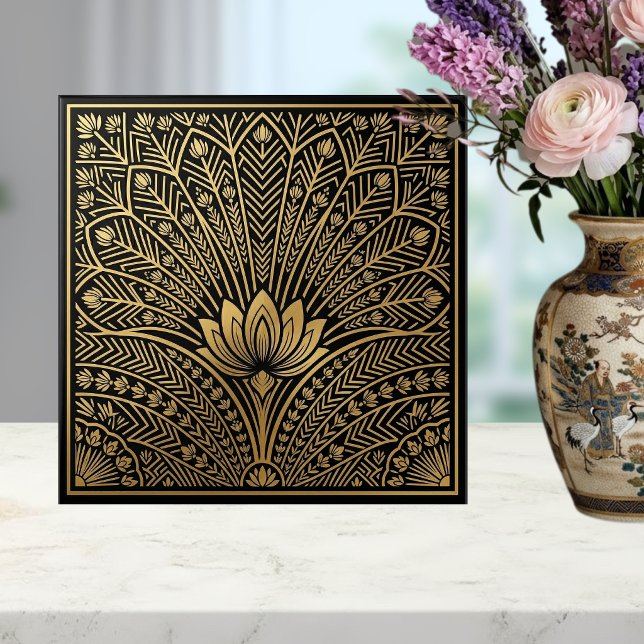 Art Deco Gold Lotus Black Geometric Pattern Tile (Creator Uploaded)