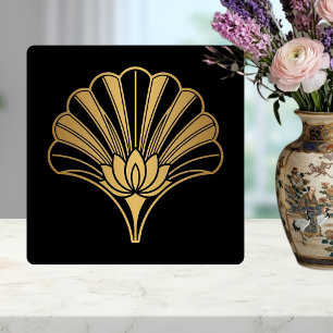 Art Deco Gold Lotus Fan Black Ceramic Tile
