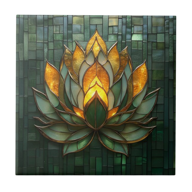 Art Deco Gold Lotus Green Tilework Print Tile (Front)