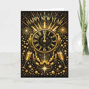 Art Deco Gold Midnight Clock Celebration Holiday Card