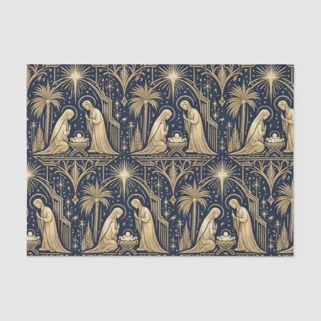 Art Deco Gold Nativity Pattern on Navy Tissue Paper (Front)