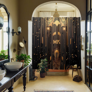 Art Deco Gold Rain Egyptian Art Black Monogrammed Shower Curtain