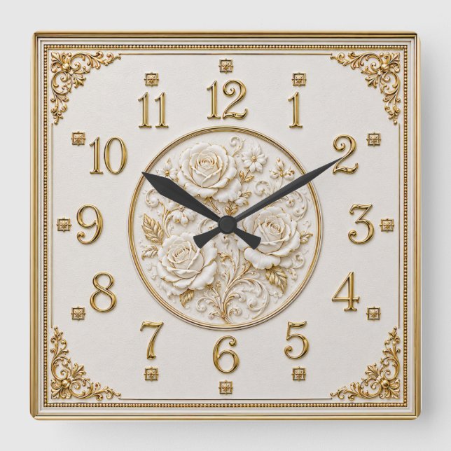 Art Deco Gold Rose Square Wall Clock (Front)