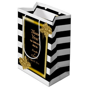 Art Deco, Gold Roses Black Stripes Medium Gift Bag