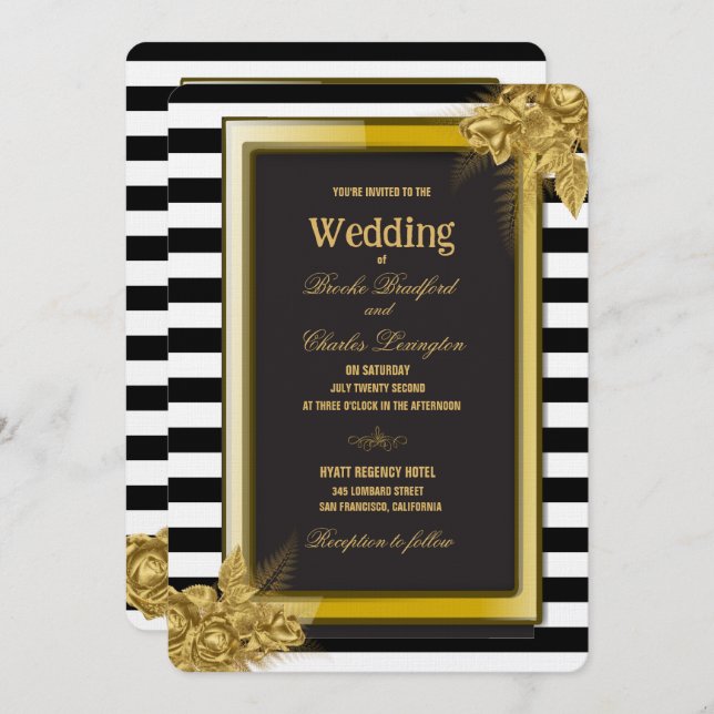 Art Deco Gold Roses & Stripes Wedding Invitations (Front/Back)