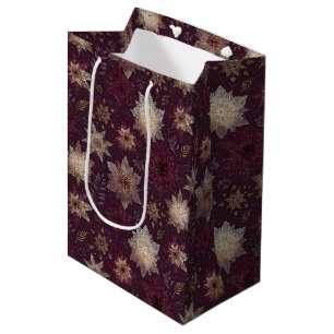 Art Deco Gold Snowflakes Burgundy Glam Floral Medium Gift Bag