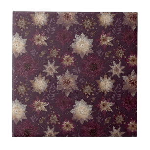 Art Deco Gold Snowflakes Burgundy Glam Floral Tile