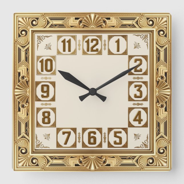 Art Deco Gold Square Wall Clock (Front)