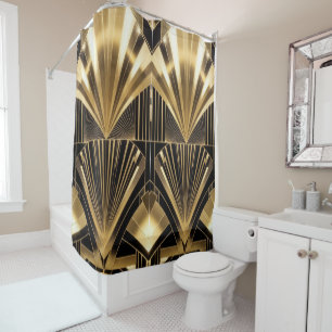 Art Deco Gold Sunburst Black Gold Geometric Luxury Shower Curtain