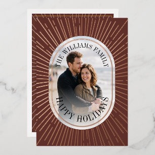 Art Deco Gold Sunburst Happy Holidays Photo - Red