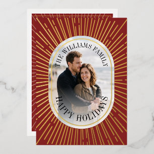 Art Deco Gold Sunburst Happy Holidays Photo - Red