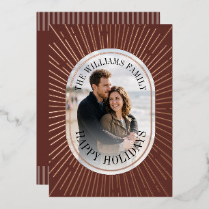 Art Deco Gold Sunburst Happy Holidays Photo - Red