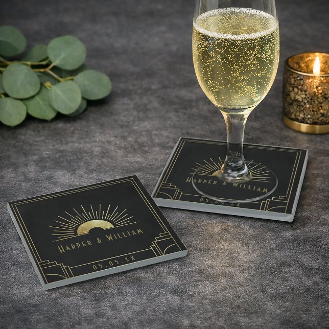 Art Deco gold sunburst wedding Glass Coaster (Art deco coaster in black and faux gold. Featuring a sunburst, personalized with names
)